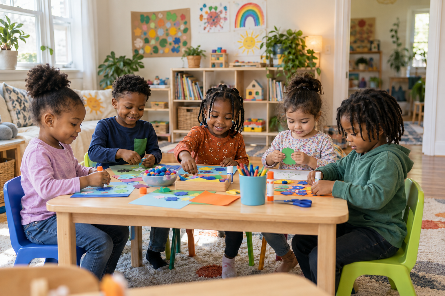 Young children enjoying a colorful arts and crafts activity in a warm in-home childcare setting