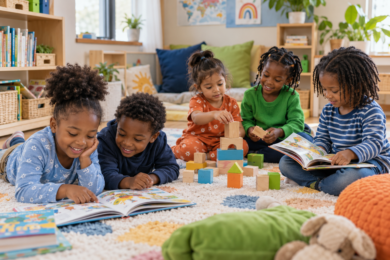 Diverse preschool children reading picture books and building with wooden blocks in a welcoming in-home daycare